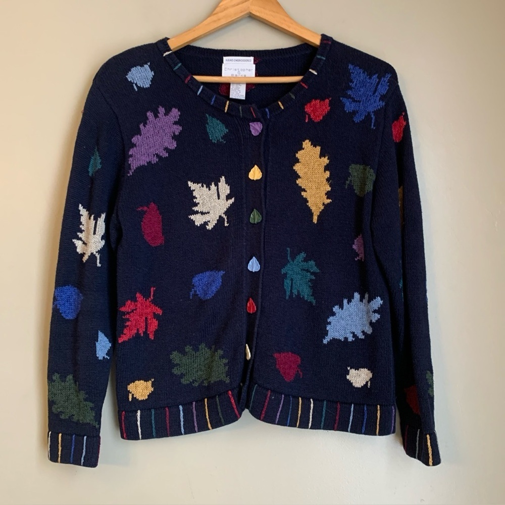 Vtg Christopher & Banks Fall Leaf Sweater Blue Hand Embroidered Knit Leaf Button